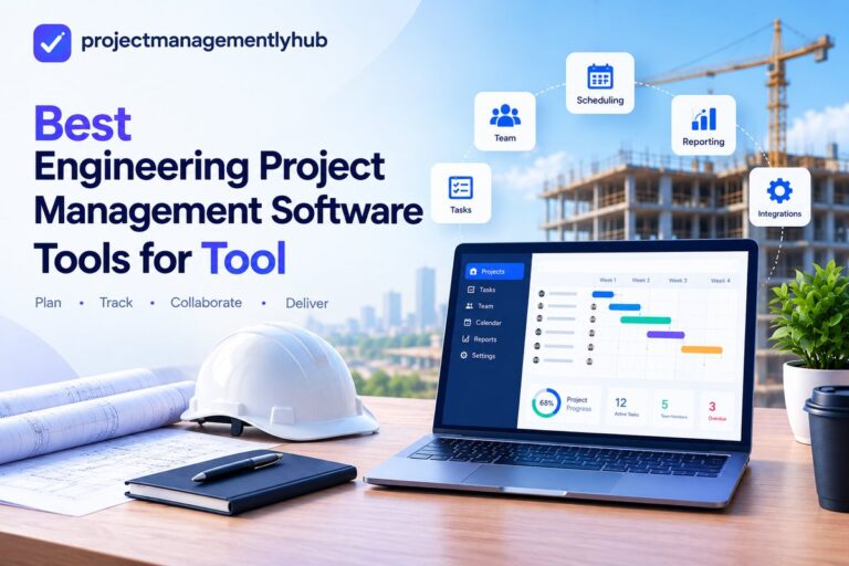 Engineering project management software — laptop showing a Gantt chart with blueprints, hard hat and a construction site behind