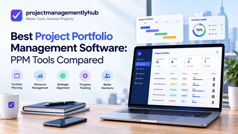 Best project portfolio management software tools compared, featuring a portfolio dashboard with project timelines, resource planning, progress tracking, and portfolio health metrics.